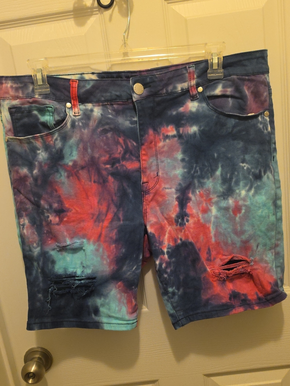 VIP Tie-Dye Jean Shorts in Blue, Red, Teal
